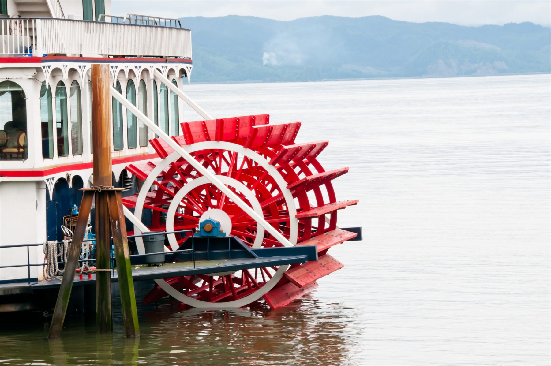 Close-up of the red stern paddlewheel of a riverboat