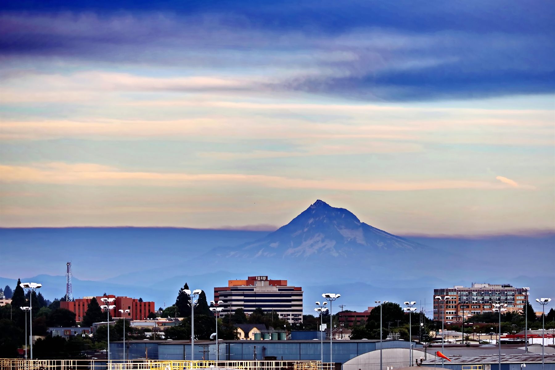 Mount Hood rising above the Columbia River and Portland skyline